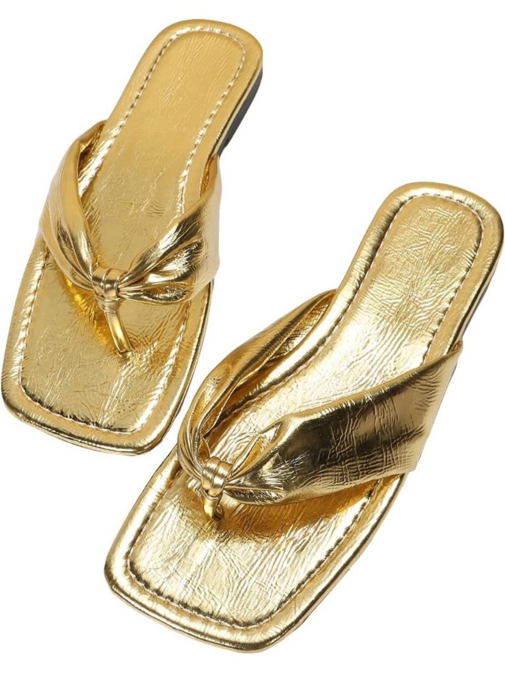 Women's Gold Summer Metallic Square Toe Thong Flip Flops Vacation Flat Sandals